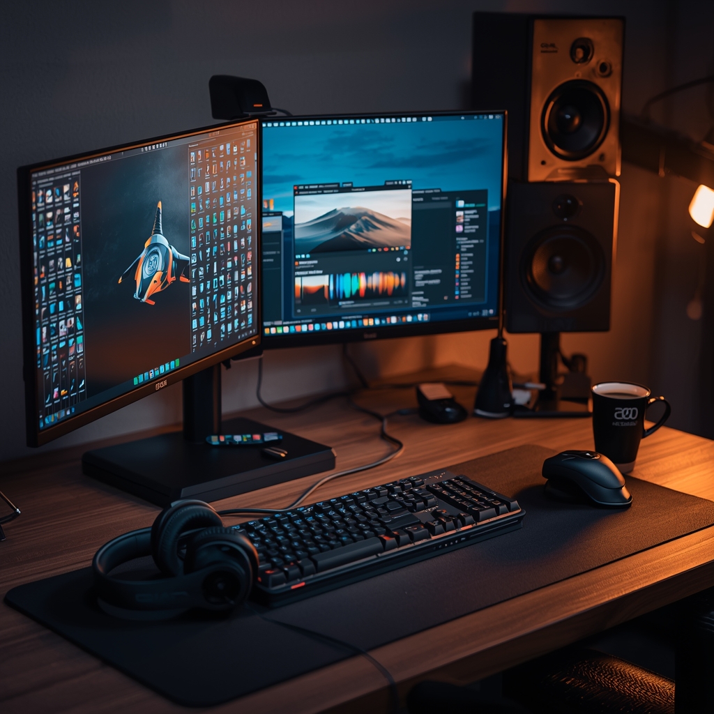 A luxurious ergonomic workspace with dual monitors, mechanical keyboard, noise-canceling headphones, a cup of coffee, cable management, golden hour lighting, professional remote work setup, no people, ultra-realistic product photography